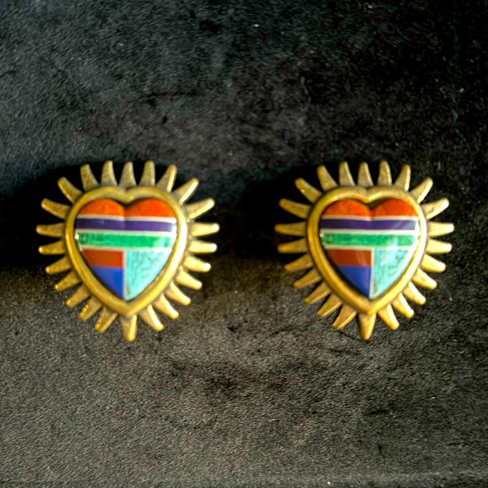 Navajo Inspired Turquoise Coral Lapis Inlay Bronze Heart Concho Clip on Earrings